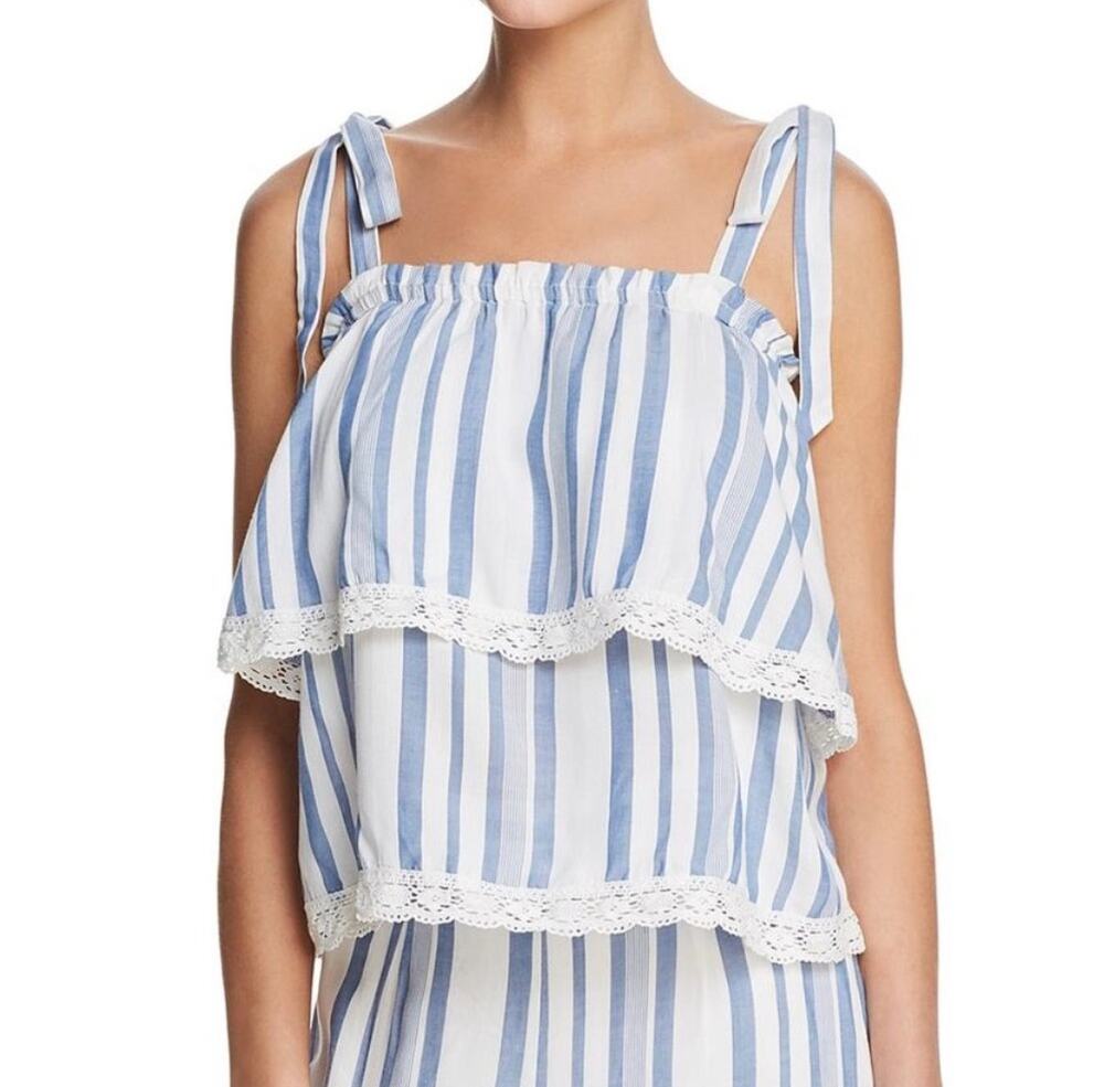 Lost + Wander Top Womens Size XS White Blue Striped Tiered Ruffle CottageCore